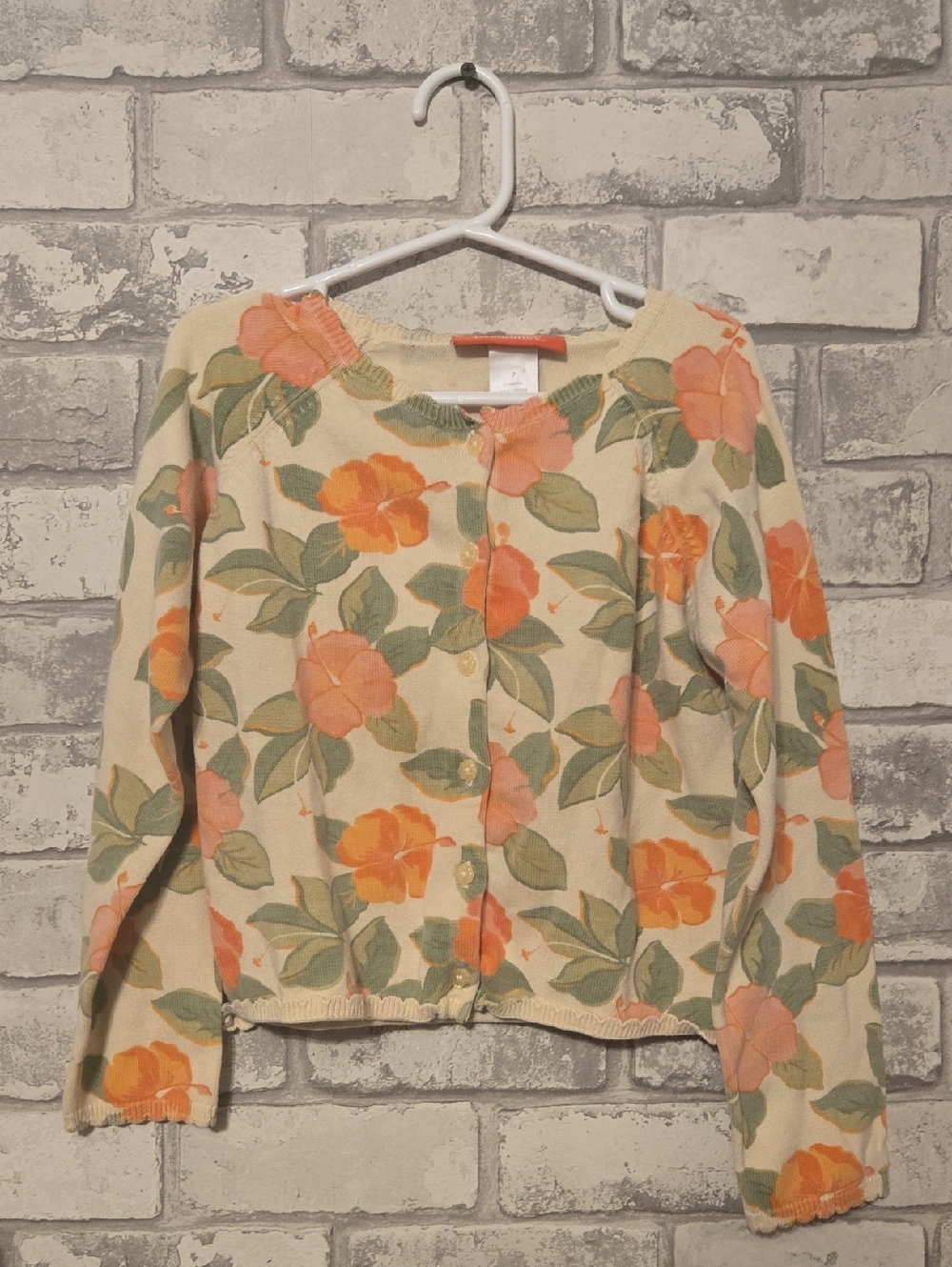 Gymboree Cream Cardigan with Orange Floral Pattern and Green Leaves